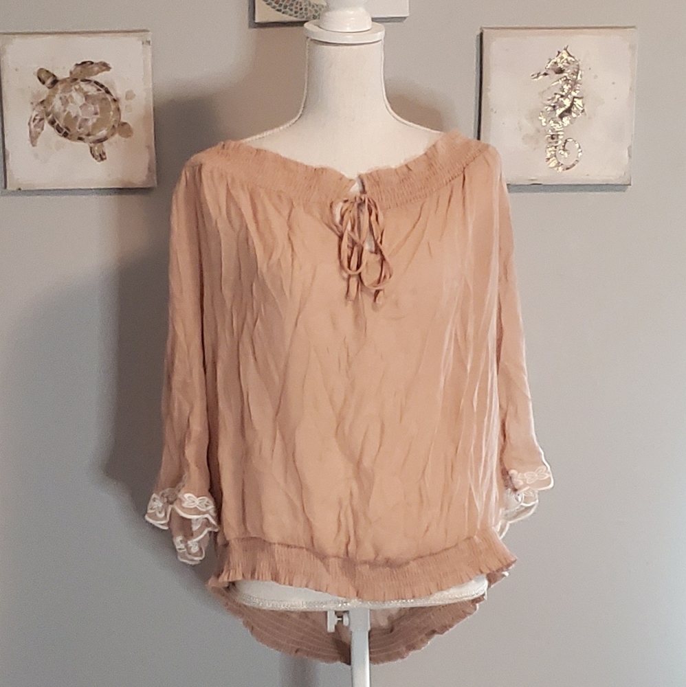 Charlotte Russe Plus Size 2X Pink Boho Smocked Peasant Blouse White Lace Cuff